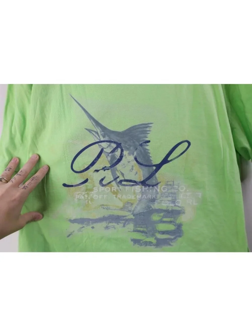 Vtg 90s Ralph Lauren Mens XL Faded Marlin Deep Sea Fishing T-Shirt Lime Green